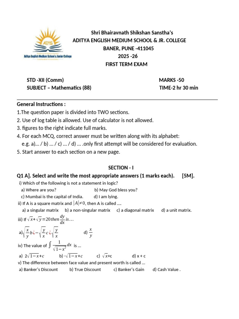 Mathematics Exam Paper for Std XII | PDF | Algebra | Mathematics