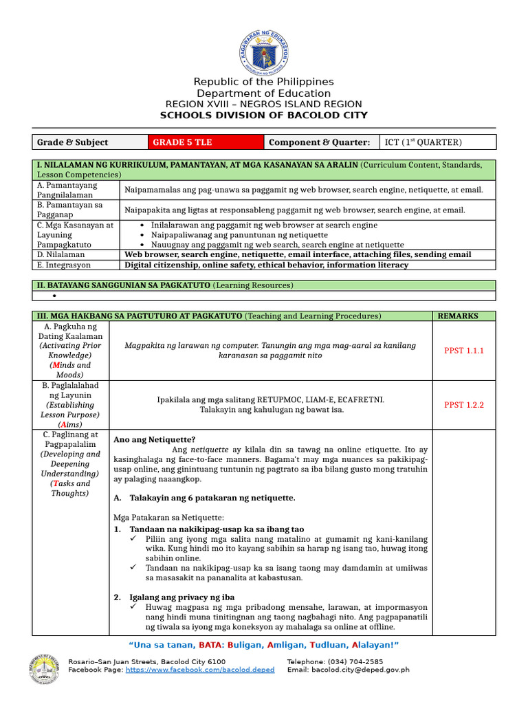 EPP5 - Lesson Plan in ICT - Q1W1 | PDF
