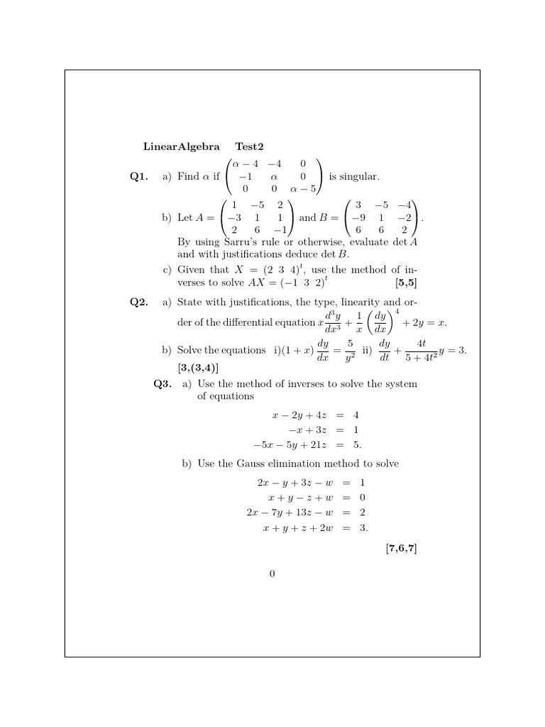 Linear Algebra Test Questions and Solutions | PDF