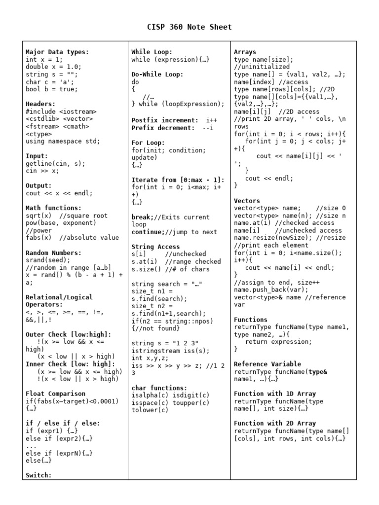 CISP360_Notesheet | PDF | Object Oriented Programming | Computing