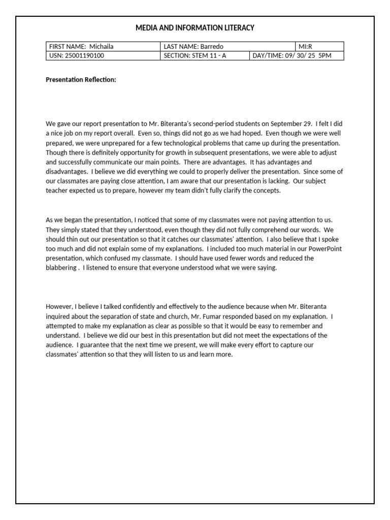 Presentation Reflection on Media Literacy | PDF