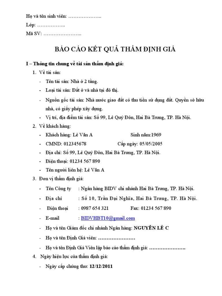BÁO CÁO KẾT QUẢ THẨM ĐỊNH GIÁ