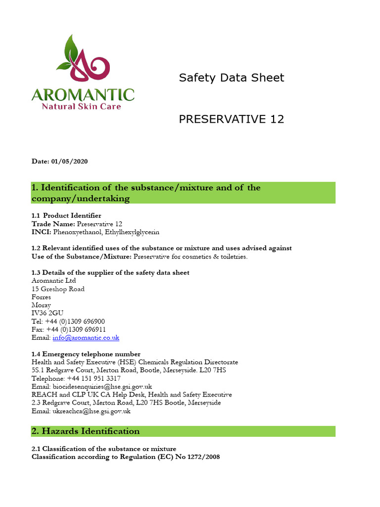 Preservative 12 Safety Data Sheet | PDF | Toxicity | Occupational ...