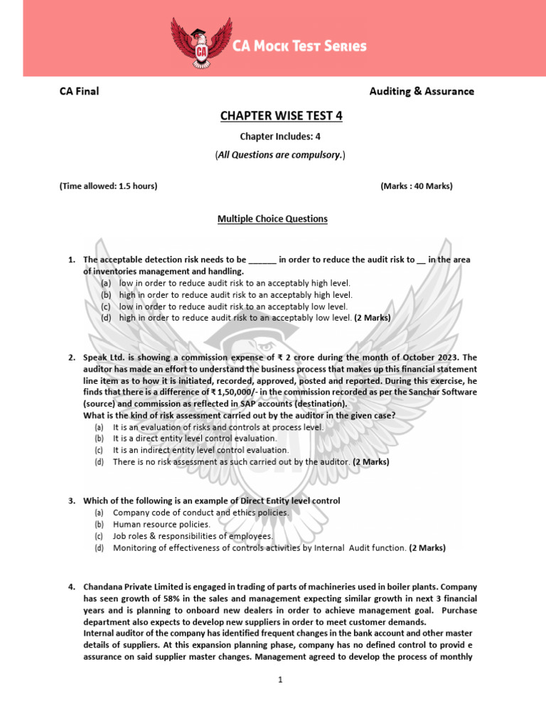CA Final Auditing Test: Chapter 4 Questions | PDF | Audit | Internal ...