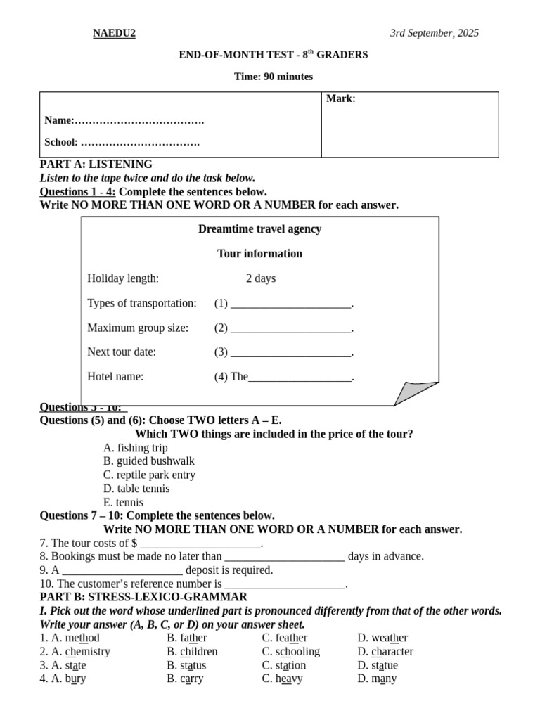 End-of-Month Test for 8th Graders | PDF | Carbohydrates | Ketosis