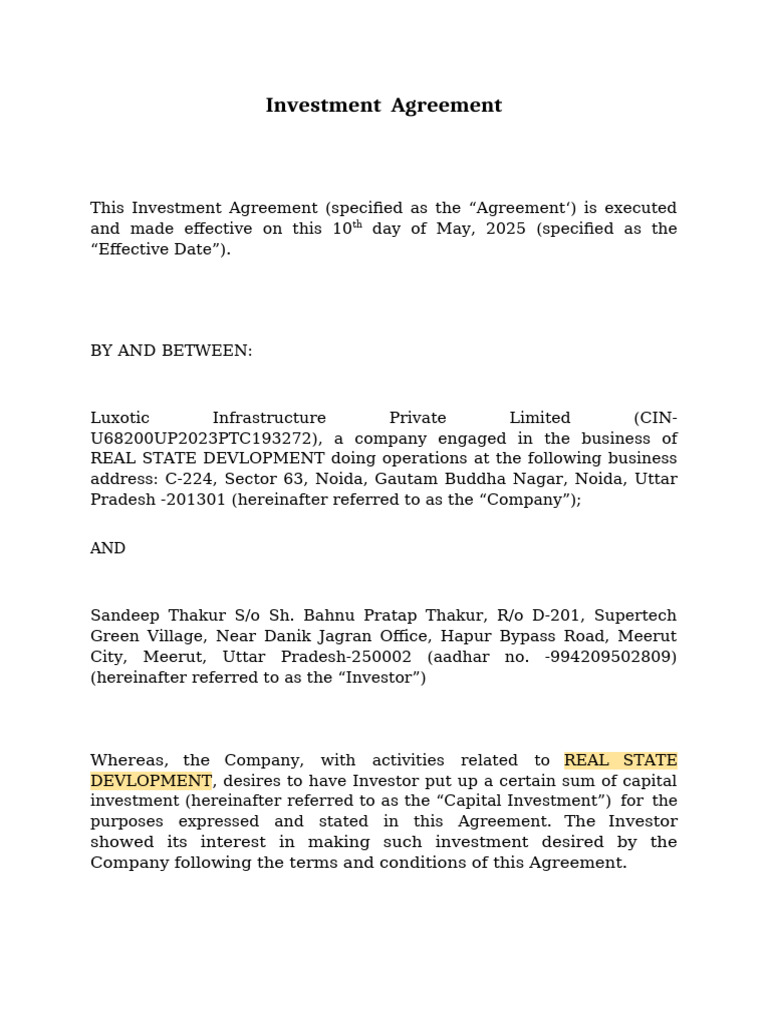 Investment Agreement for Real Estate Development | PDF | Audit ...