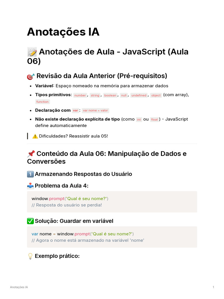 Anotações Aula 06: JavaScript e Manipulação de Dados | PDF | Script ...