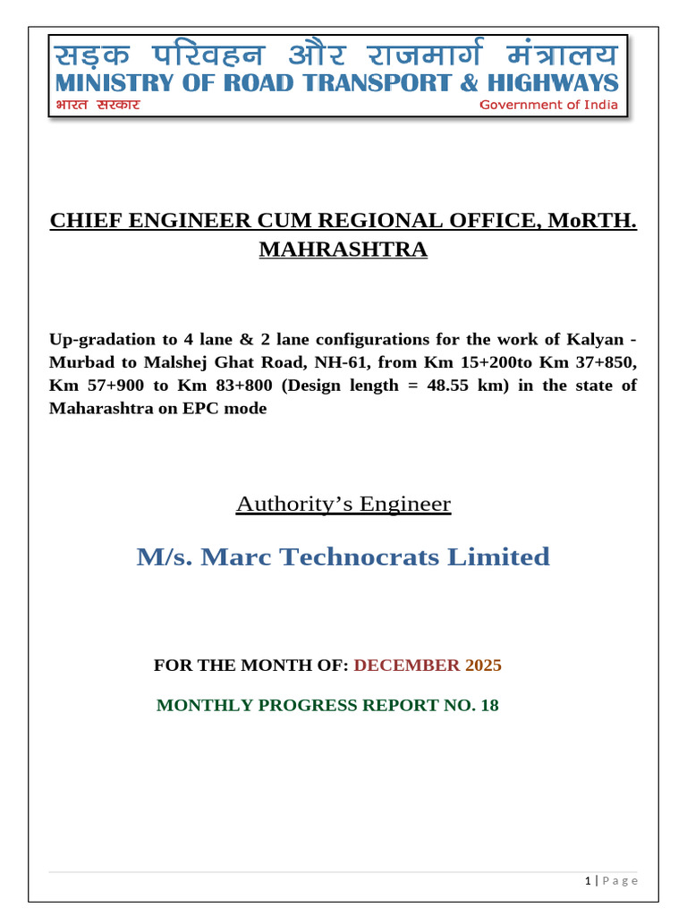 Maharashtra NH-61 Monthly Progress Report | PDF