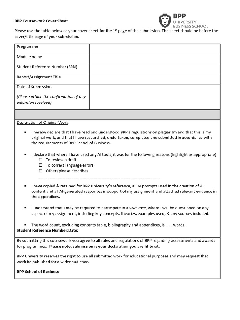 BPP Coursework Cover Sheet Template | PDF | Governance | Leadership
