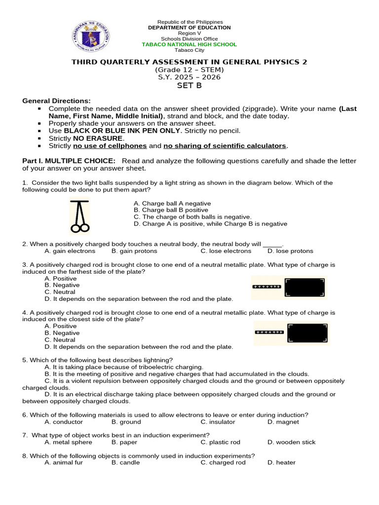 Grade 12 General Physics 2 Assessment | PDF | Electric Charge | Force