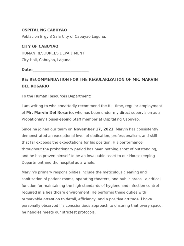 Ospital NG Cabuyao Reco Letter | PDF | Health Care