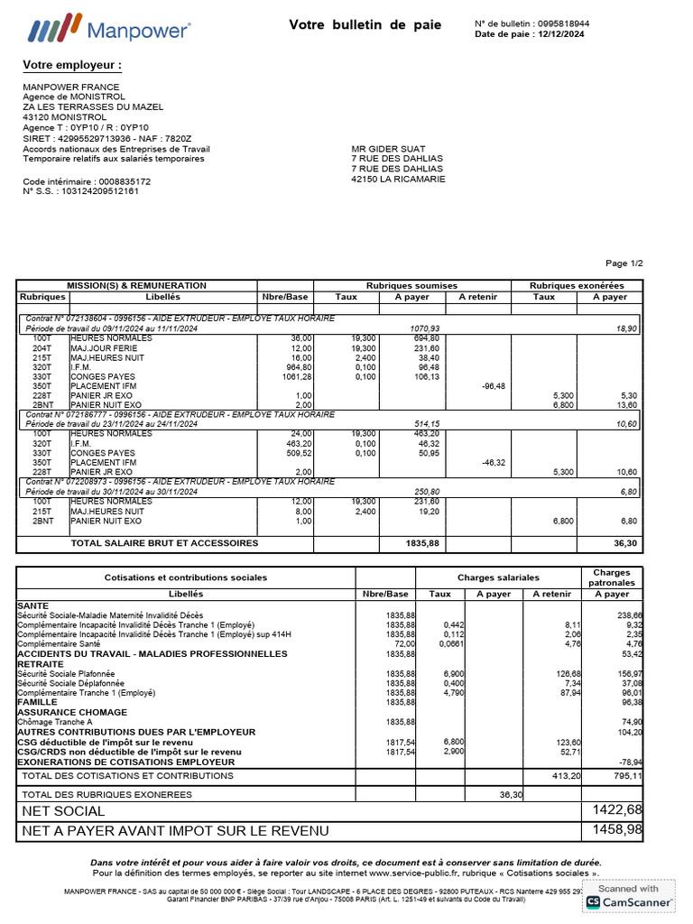 Bulletin de paie Manpower France 2024 | PDF | Impôt sur le revenu ...