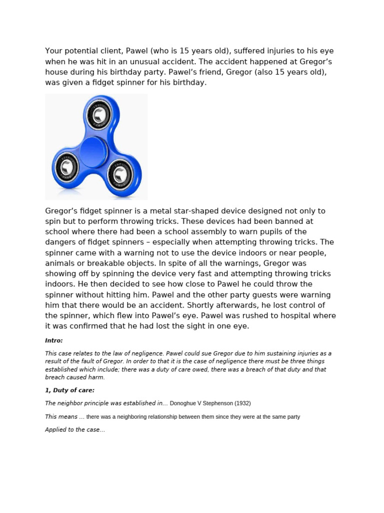 Negligence Case: Fidget Spinner Injury | PDF | Negligence | Causation (Law)