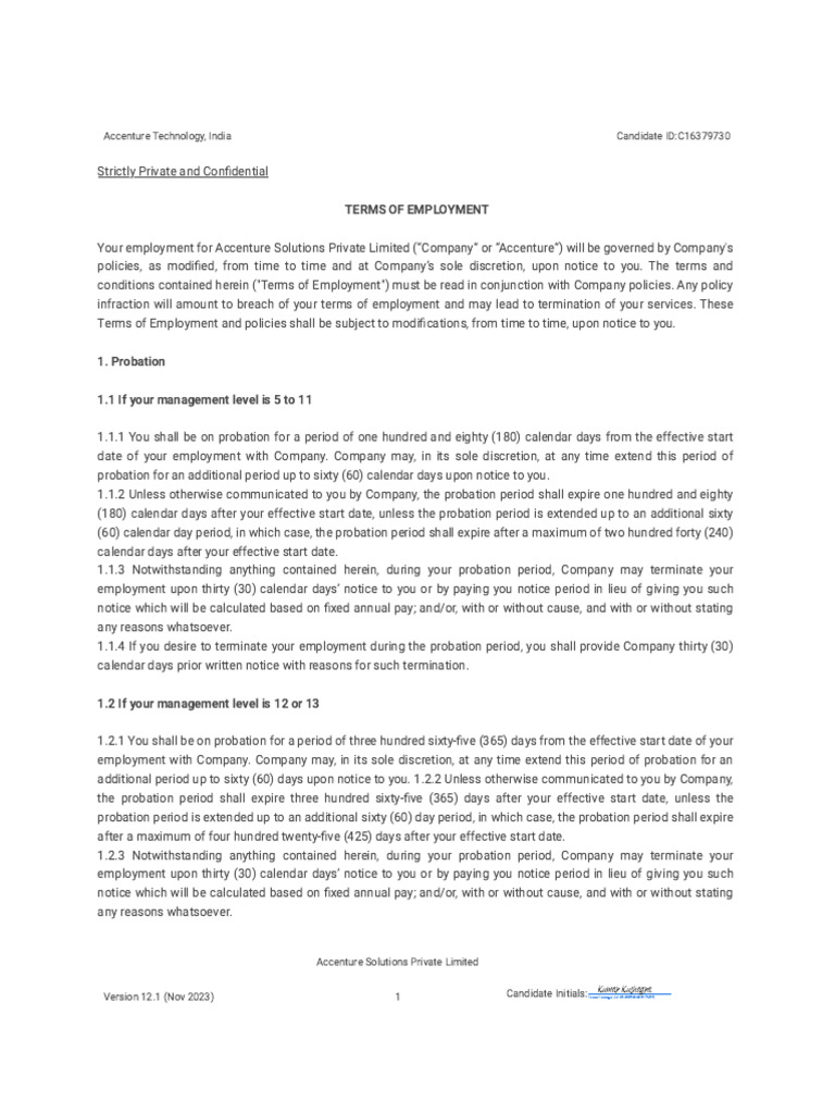 Accenture India Employment Terms Guide | PDF | Trade Secret | Breach Of ...
