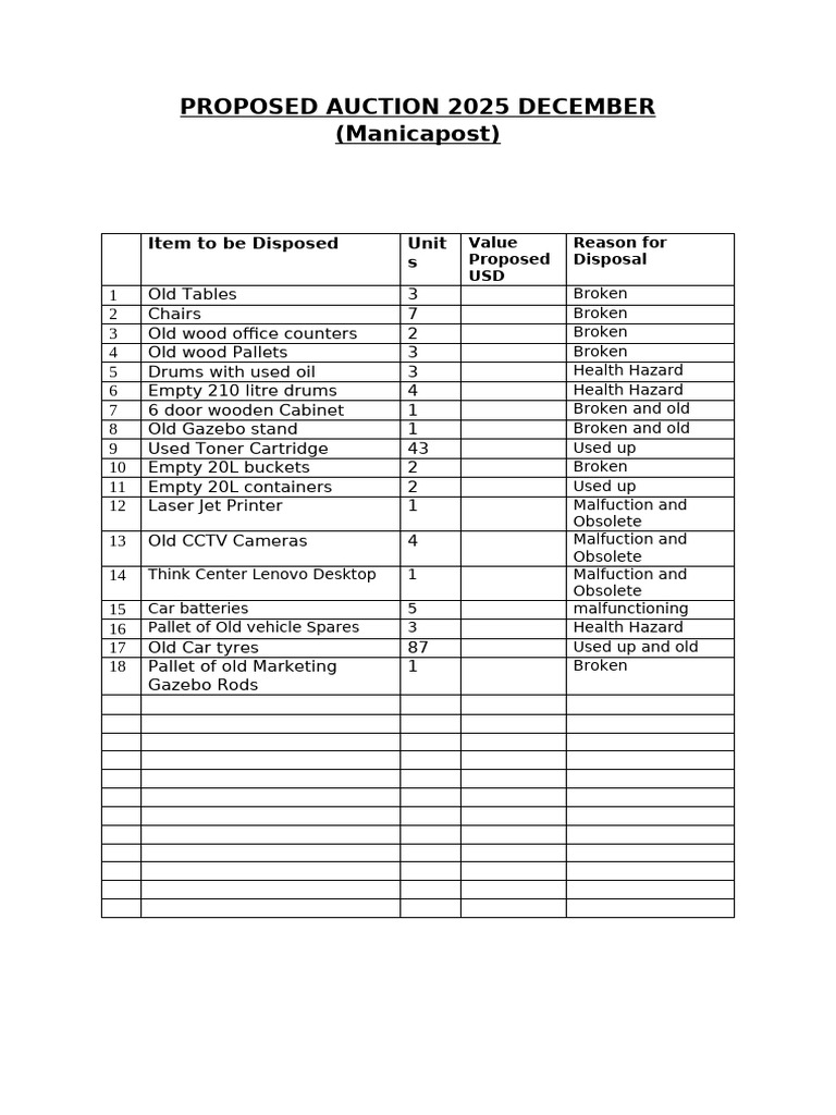 Proposed Auction Items for December 2025 | PDF