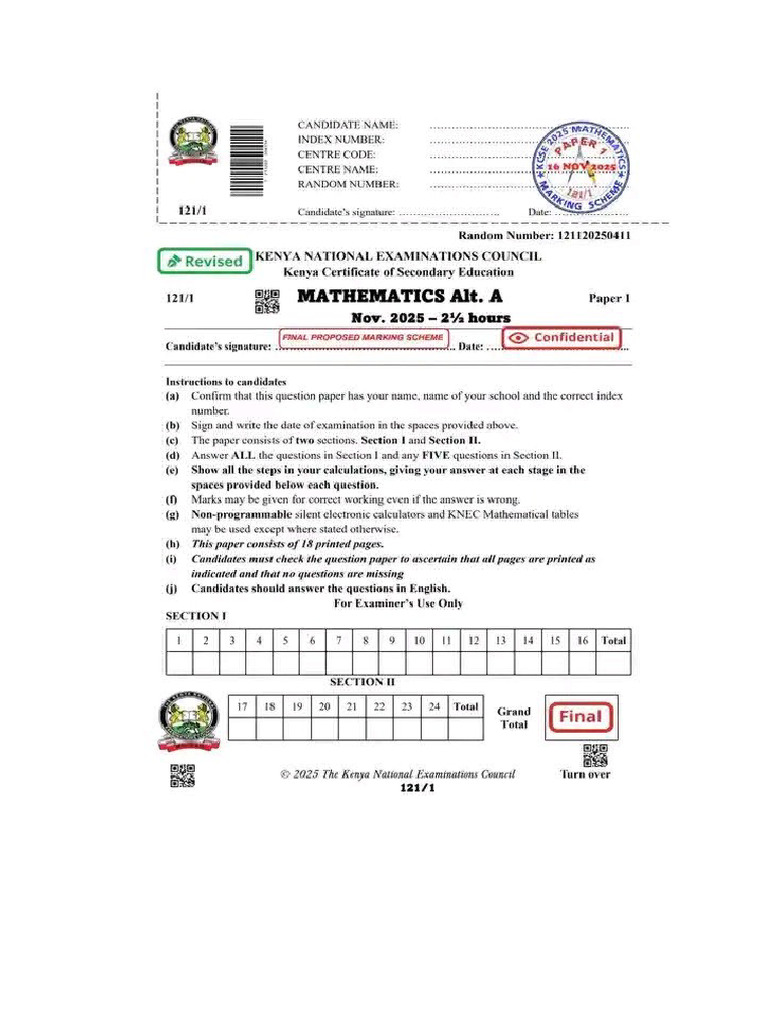 Mathematics Paper 1 KCSE 2025 | PDF