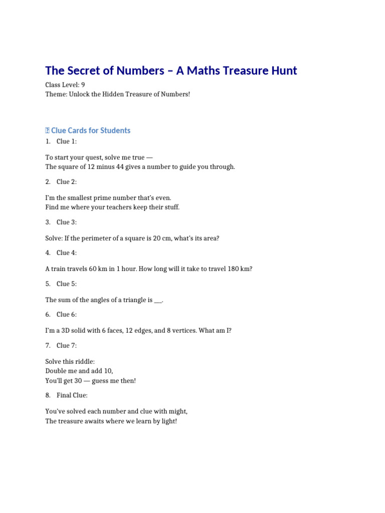 Maths Treasure Hunt Clue Cards | PDF