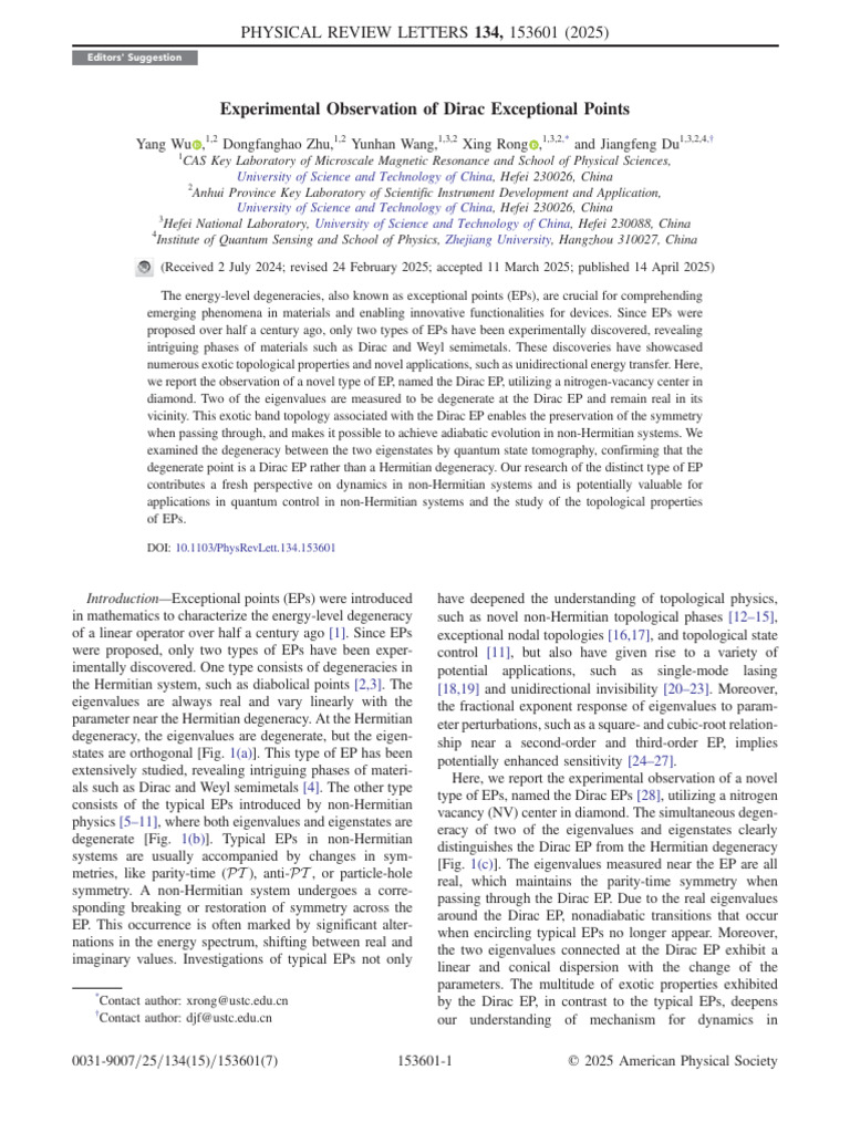 Dirac Exceptional Points in Quantum Systems | PDF | Eigenvalues And ...