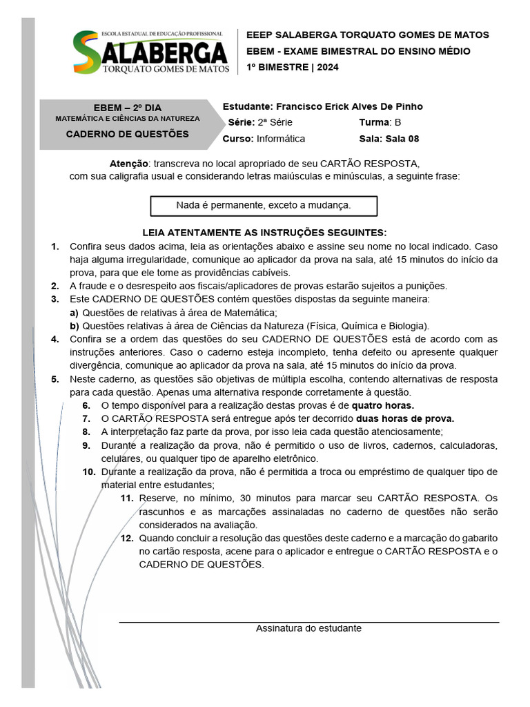 Prova EBEM: Matemática e Ciências 2024 | PDF | Matemática | Ciências ...