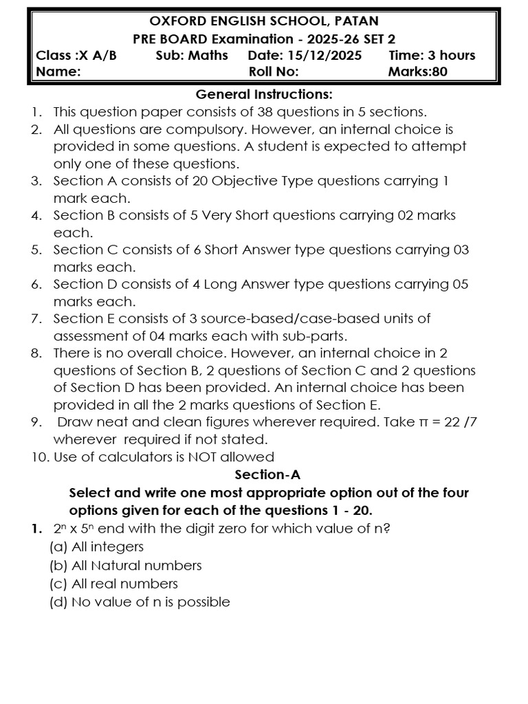 X Maths PB 1 Set 2 2025-26 | PDF | Circle | Area