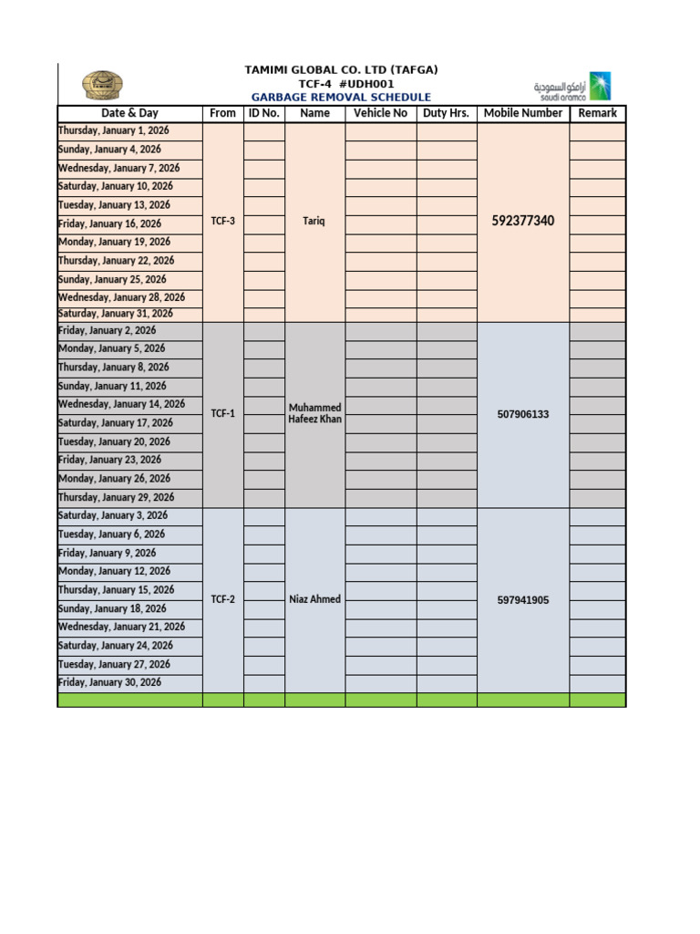 Tamimi Global Garbage Removal Schedule | PDF