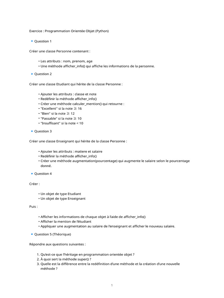 Exercice POO en Python : Classes et Héritage | PDF