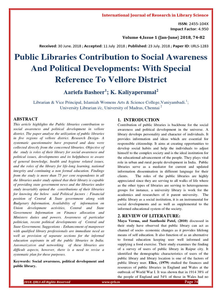 Public Libraries and Social Awareness in Vellore | PDF | Libraries | Data