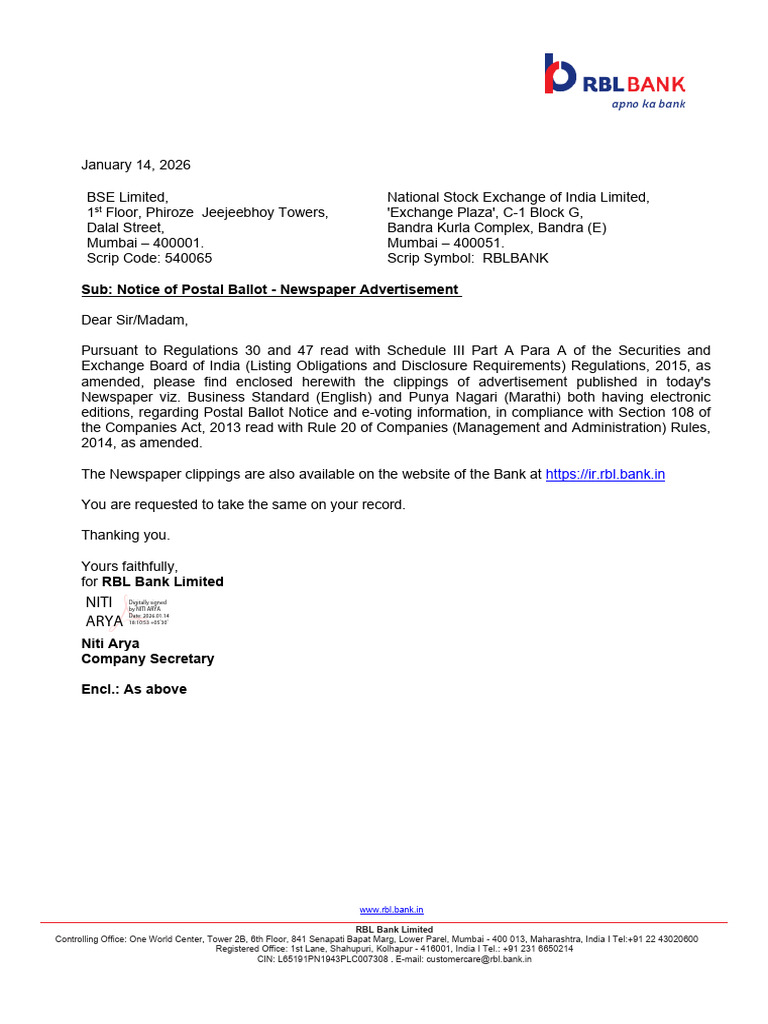 RBL Bank Postal Ballot Notice 2026 | PDF