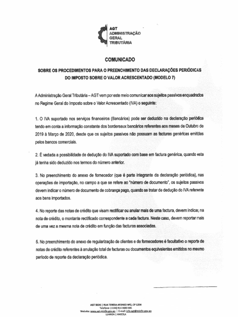Comunicado Sobre o Preenchimento Das Declarações Periódica Sobre o IVA ...