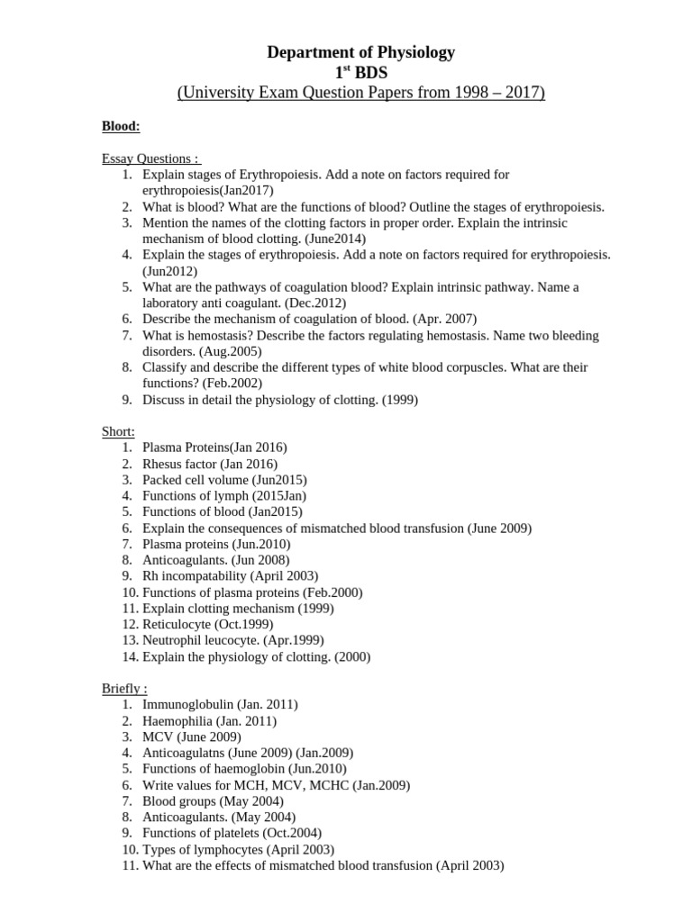 BDS Physiology Exam Questions 1998-2017 | PDF | Heart | Coagulation