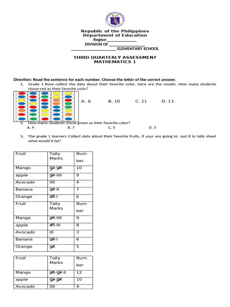 Grade 1 Mathematics Quarterly Assessment | PDF | Subtraction