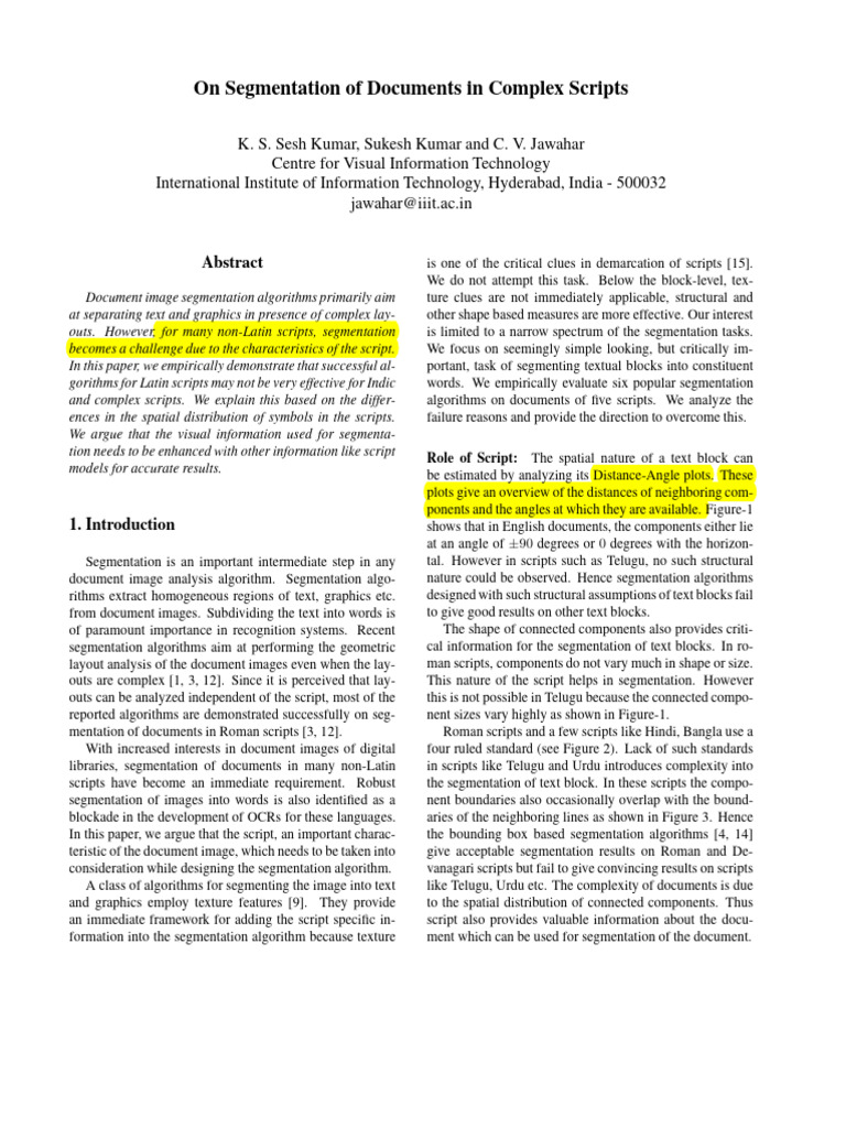 Document Segmentation in Complex Scripts | PDF | Image Segmentation