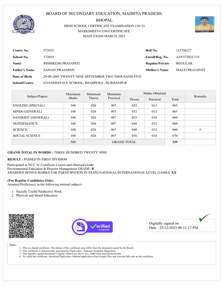 Class 10th Marksheet Me | PDF