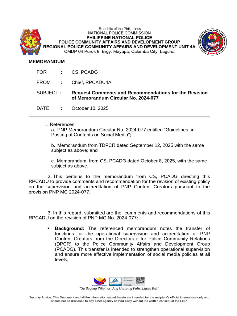 PNP Content Creator Policy Revision Memo | PDF | Justice | Crime & Violence