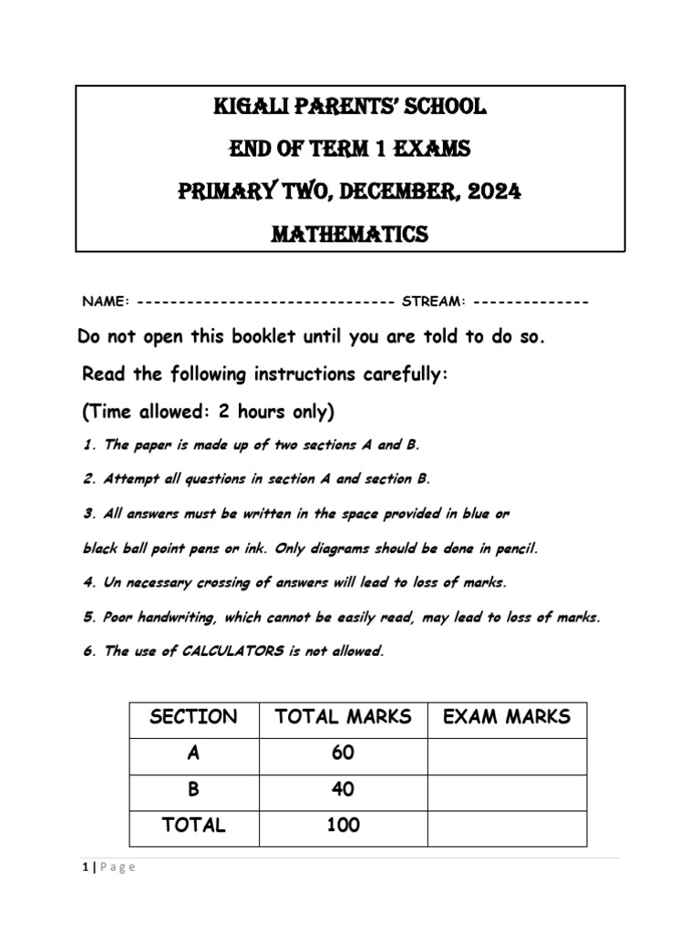 Primary Two Mathematics Exam 2024 | PDF | Mathematics