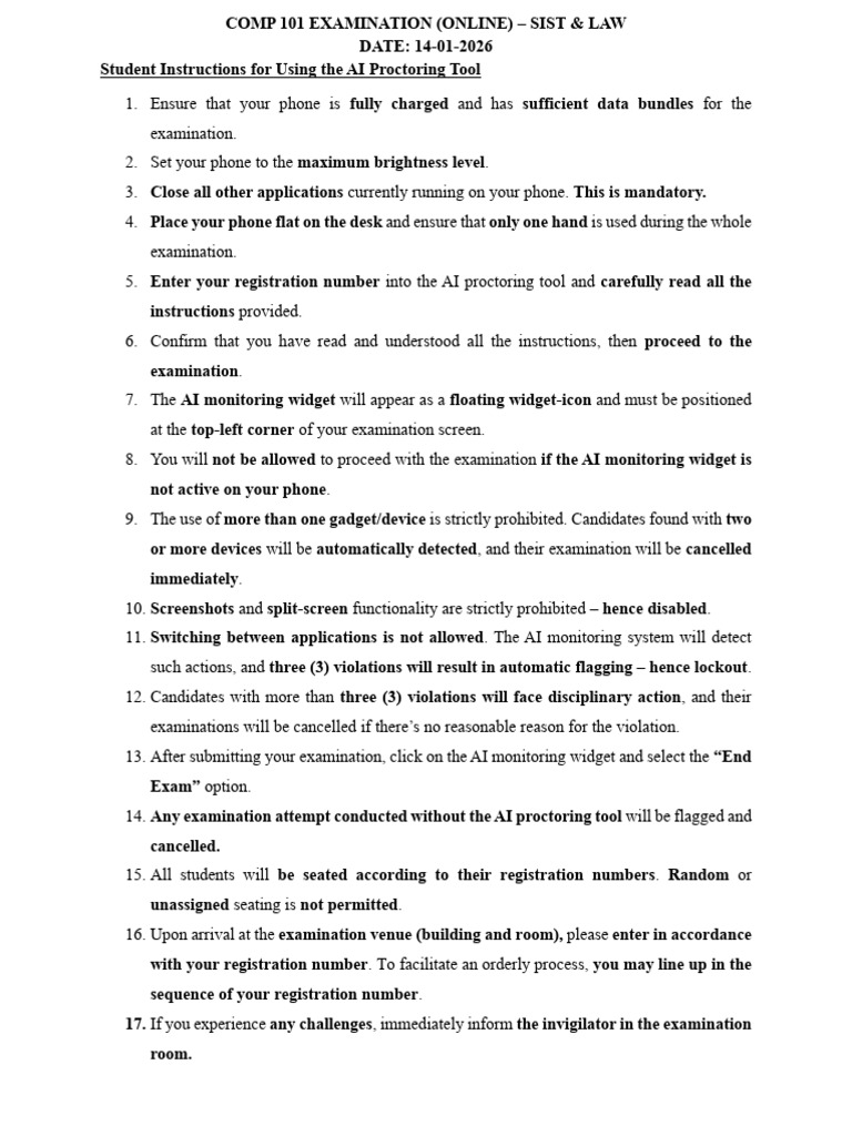 AI Proctoring Guidelines for COMP 101 Exam | PDF