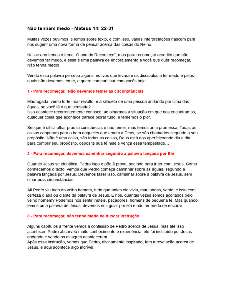 Não Tenham Medo - Mateus 14-22-31 | PDF
