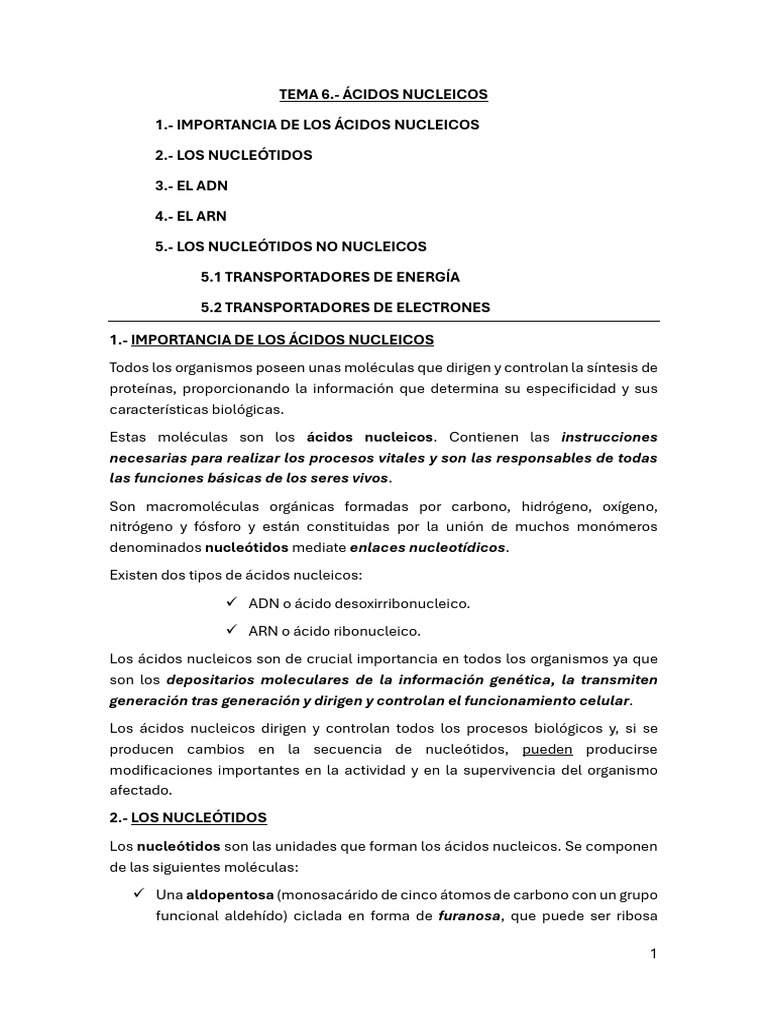 TEMA 6.- RESUMEN TEMA ÁCIDOS NUCLEICOS | PDF | Rna | Adn