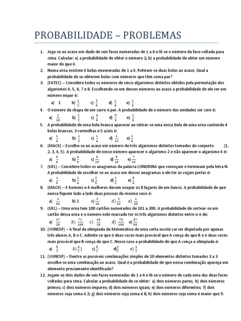 Exercícios De Probabilidade Com Gabarito 6 Ano