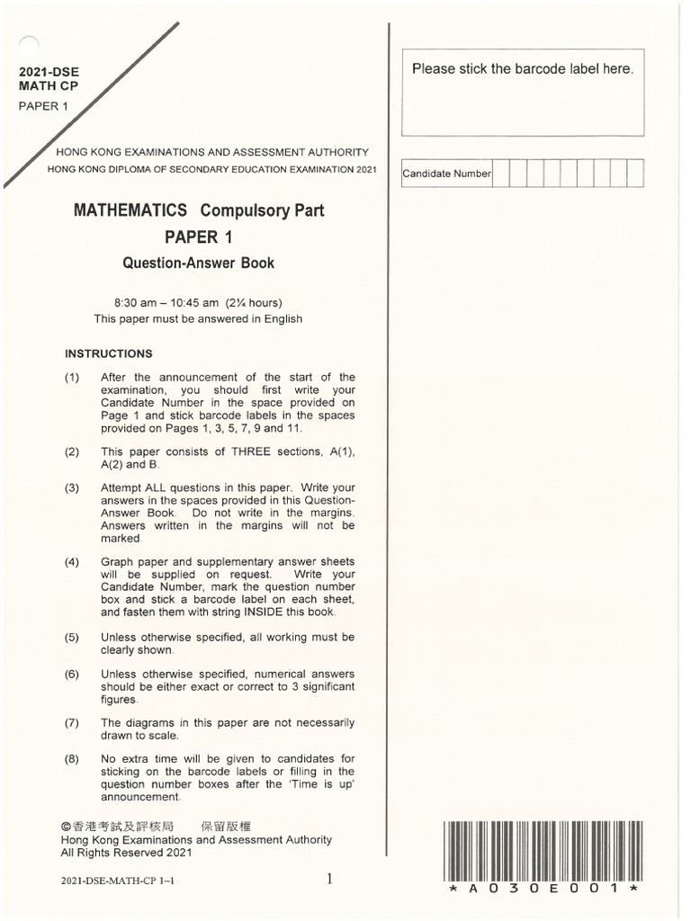 2021 Dse Math Cp i (Eng) | PDF