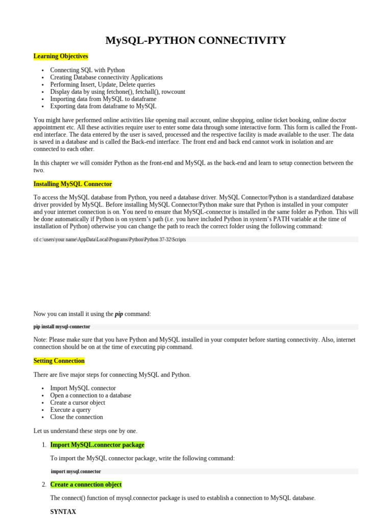MySQL Python Connectivity Guide | PDF | Databases | My Sql