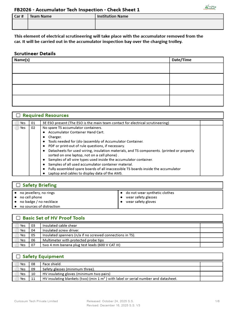 Accumulator Tech Inspection Checklist | PDF | Resistor | Electrical ...