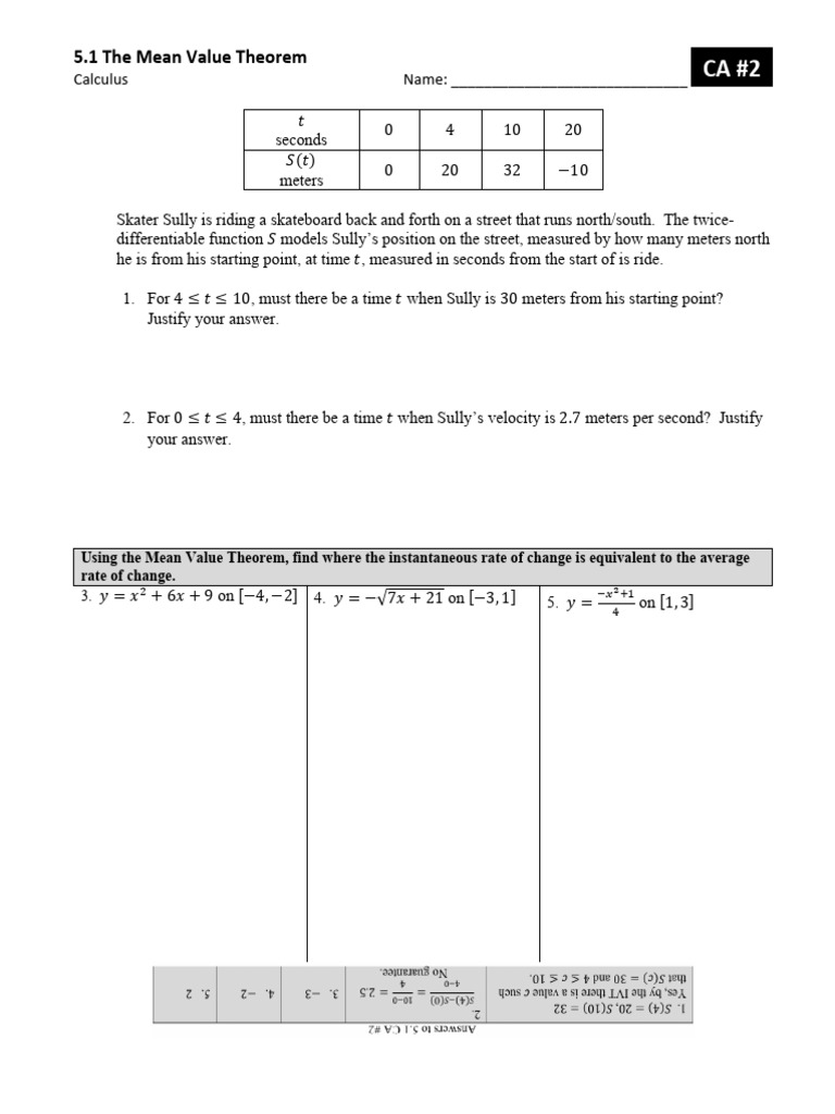 5.2 Mean Value Theorem Math Dash #2 | PDF