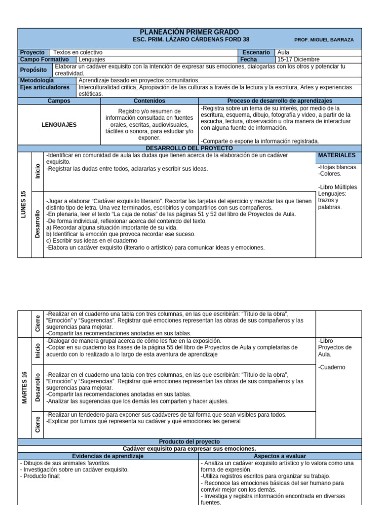 Planeación de Proyectos para Primer Grado | PDF | Salón de clases | Las ...