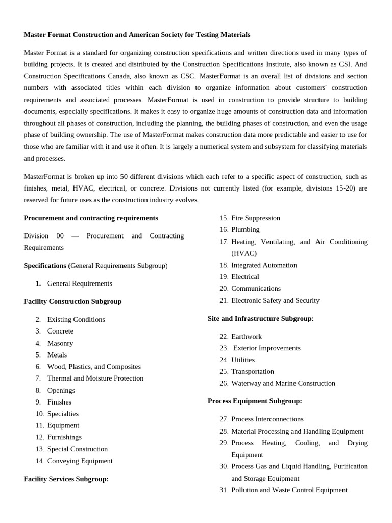 Master Format Construction and American Society For Testing Materials ...