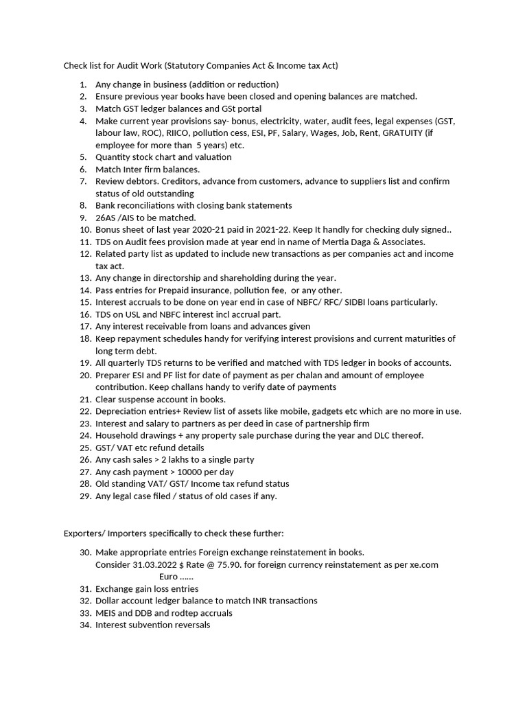 Audit Checklist for Statutory Compliance | PDF | Exchange Rate | Value ...