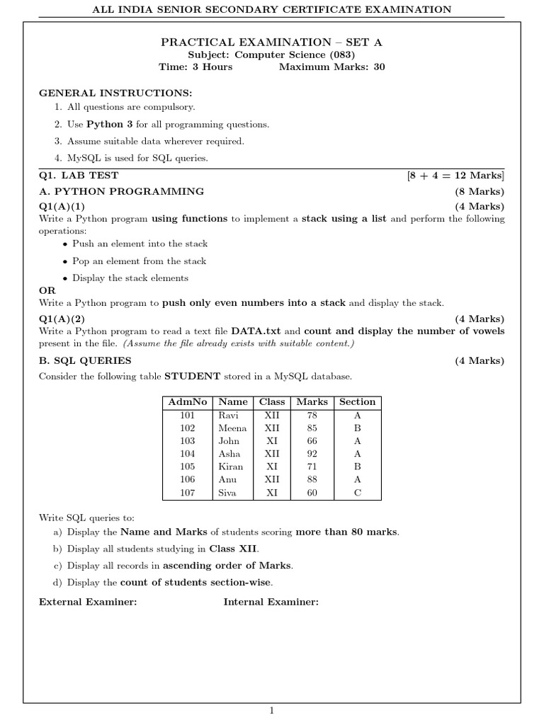 Computer Science Practical Exam Set A | PDF