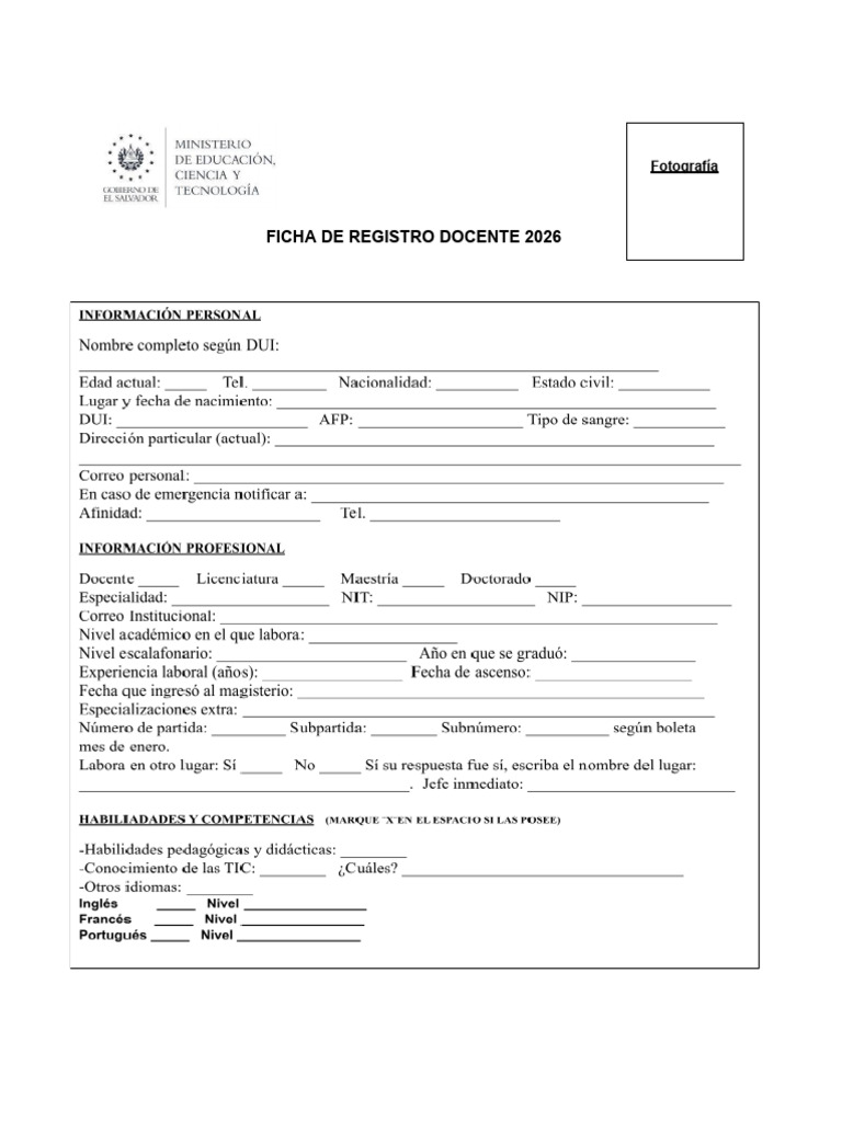 Ficha de Registro Docente 2026 | PDF