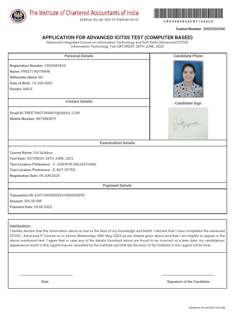 Advanced ICITSS Test Application Form | PDF
