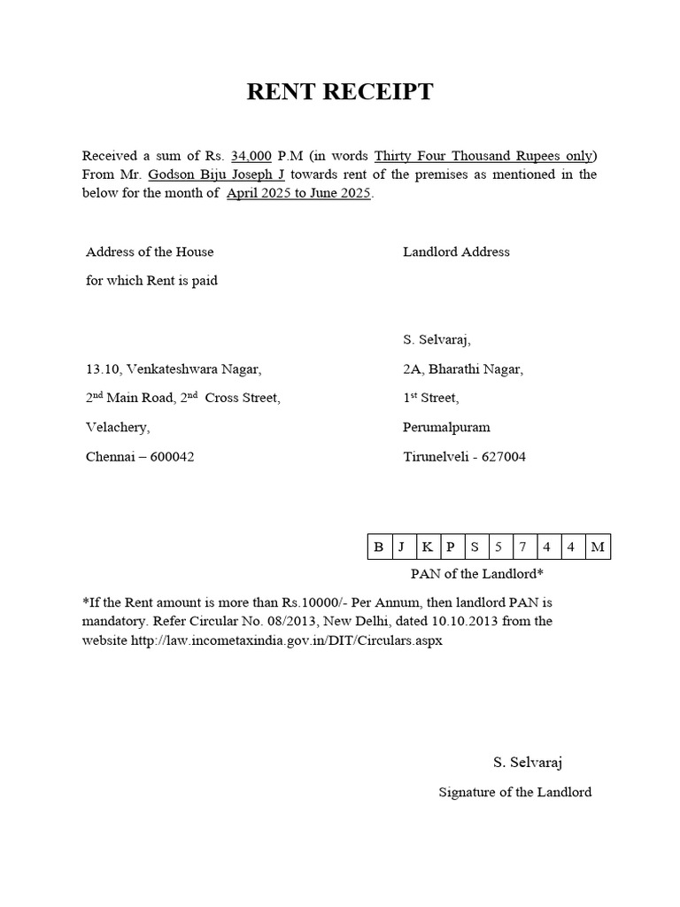 Rent Receipt for April to June 2025 | PDF